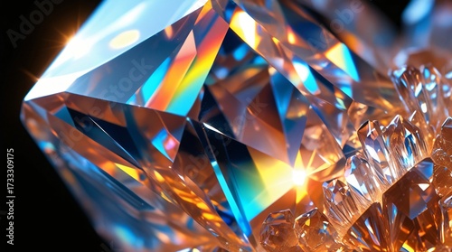 ultra realistic close-up macro of crystal gemstone facets, glowing transparent surfaces with rainbow light refractions