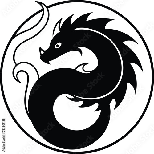 chinese dragon curled around yin yang mandala illustration on transparent background