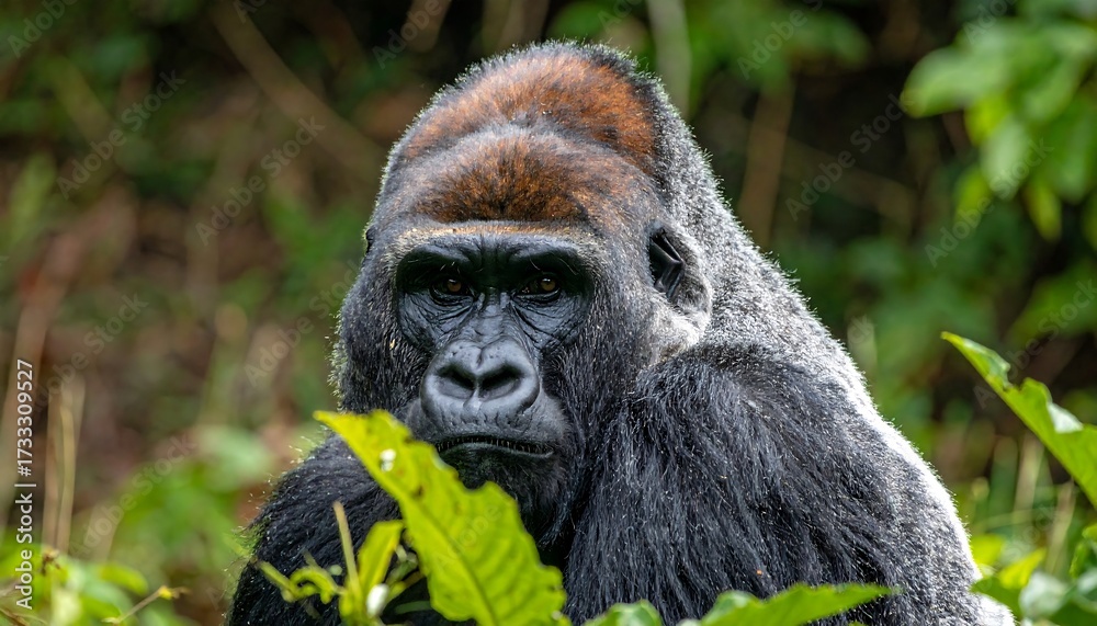 Obraz premium A silverback gorilla stares intently, surrounded by vibrant green foliage in its habitat