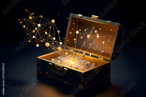 A treasure chest with golden edges and a network of spheres emerging from it on a dark background