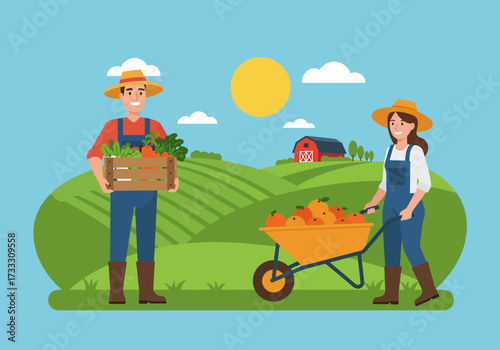 Two farmers working in a field, one carrying a crate of vegetables, the other pushing a wheelbarrow.