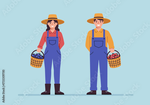 A smiling male and female farmer couple in overalls and straw hats holding baskets of fresh berries.