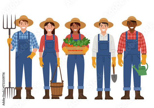 Diverse group of five happy farmers, including men and women, wearing overalls and straw hats, holding gardening tools and fresh vegetables.