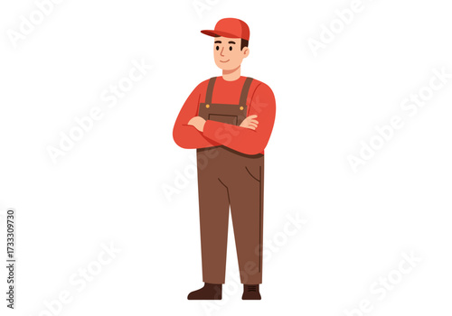 A man wearing a red cap, shirt, and brown overalls, standing with arms crossed.