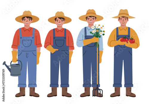 Illustrated collection of a young male farmer in various poses with gardening tools and produce.