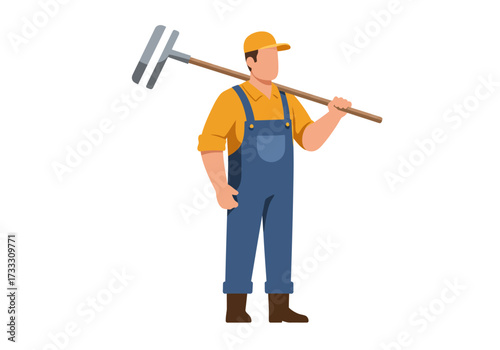 A farmer wearing overalls and a cap carries a rake over his shoulder, ready for work in the field.