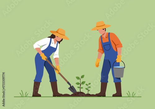 Two farmers, a man and a woman, planting small trees or saplings in the ground, with one digging and the other holding a water bucket.