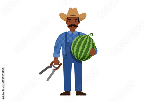 Illustration of a farmer holding a watermelon and pruning shears.