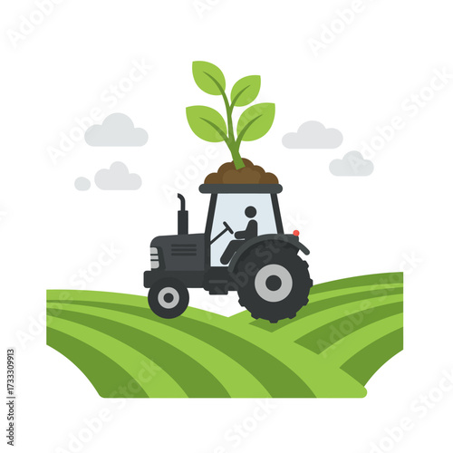 A tractor with a plant growing out of it, symbolizing sustainable agriculture and farming practices on a green field.