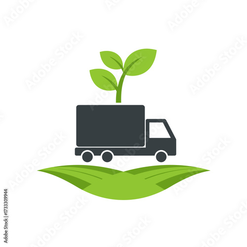An eco-friendly truck with a green plant growing from its roof, symbolizing sustainable transport and green logistics.