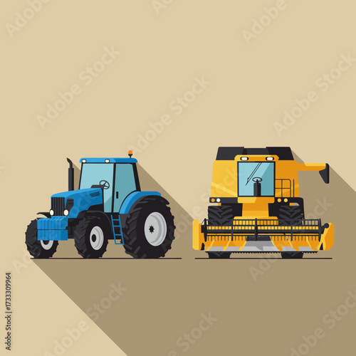 Illustration of a blue tractor and a yellow combine harvester, side by side, on a beige background.