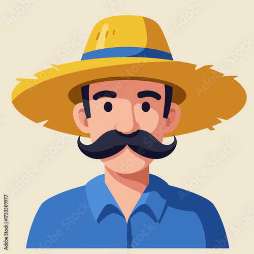 A cartoon illustration of a farmer wearing a straw hat and a blue shirt.