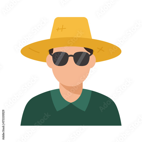 A vector graphic of a person wearing a yellow straw hat, sunglasses, and a green shirt.
