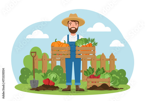 A cheerful farmer wearing a straw hat and overalls stands in a garden, holding crates full of fresh produce.