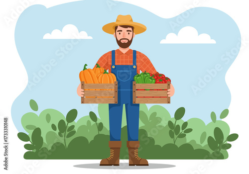 A smiling male farmer in a straw hat and overalls holds two wooden crates filled with fresh vegetables and pumpkins.