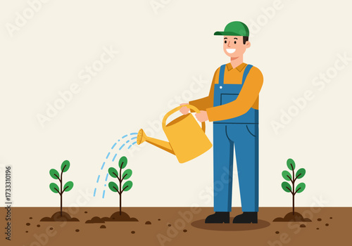 Gardener watering plants with a yellow watering can in a garden.