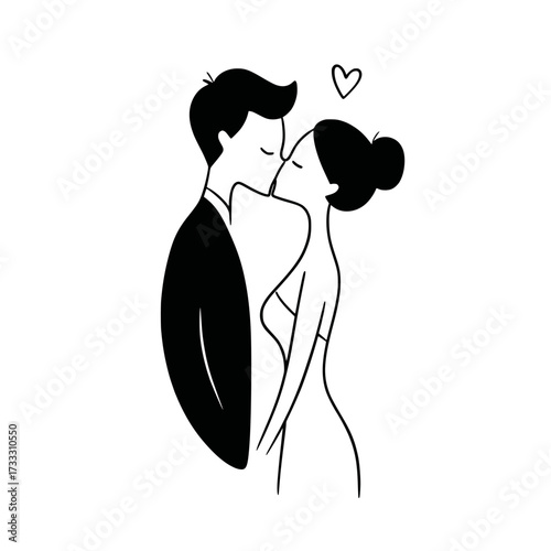 Minimalist bride and groom kissing illustration, Clean line art of a bride and groom sharing a kiss with a heart above, symbolizing romance, love, and wedding celebration.

