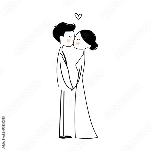 Cartoon wedding couple kissing with heart above, Cute minimalist line drawing of a bride and groom kissing while holding hands, with a heart floating above them in love.

