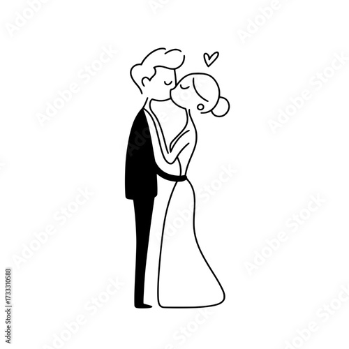 Minimalist bride and groom kissing line drawing, Simple black and white illustration of a bride and groom kissing with a heart above, expressing romantic love and celebration.

