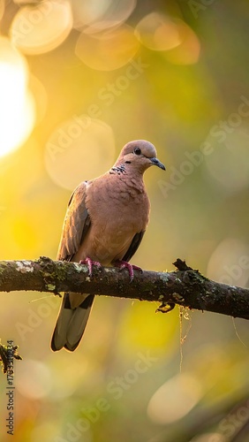 Mourning Dove Perched on Mossy Branch in Warm Sunlight with Bokeh Background Nature Bird Photography