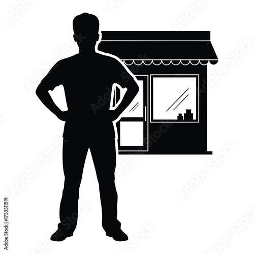 Confident silhouette of a shop owner standing proudly outside their store ready to serve customers with a smile, welcoming all to browse