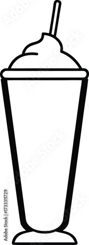 Simple Line Art Icon of a Tall Glass with Whipped Cream and Straw