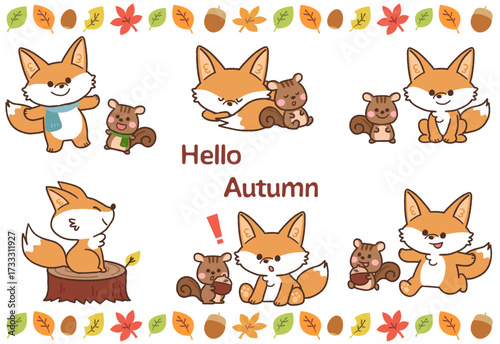 秋の紅葉とキツネとリスとアイコンイラストセット　線あり
