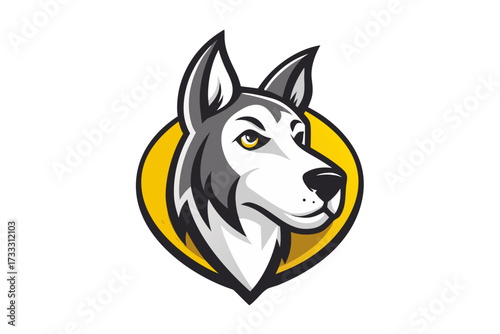 vector image of a dog : husky mascot logo, bold gray and white dog portrait with yellow circle background