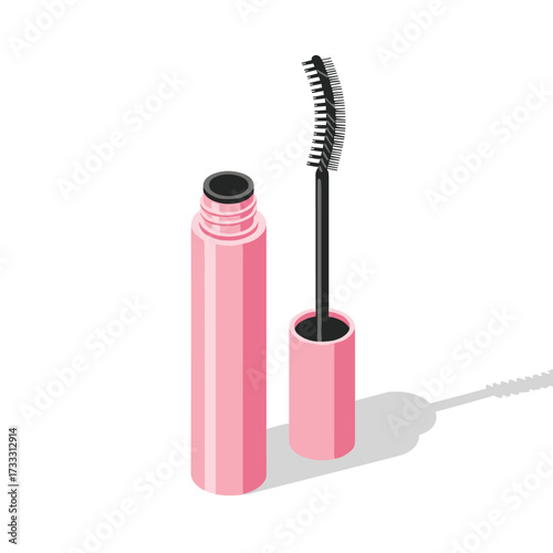 Isometric illustration of pink mascara tube and brush on a white background with a shadow below it