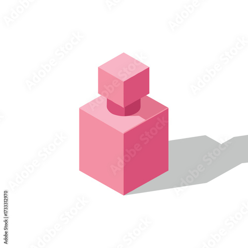 Isometric pink cube with smaller cube above on a white background with a shadow cast to the side
