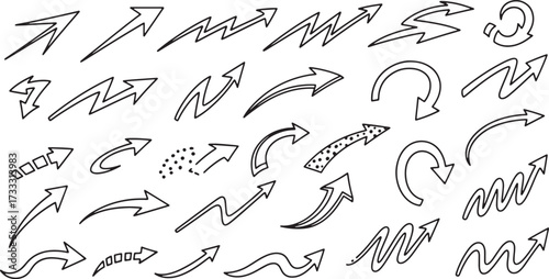 Collection of hand-drawn arrow graphics showing direction and movement various styles