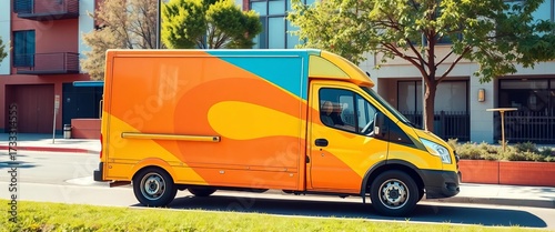 Brightly colored delivery truck parked curbside, cheerful vibe, friendly, positive energy