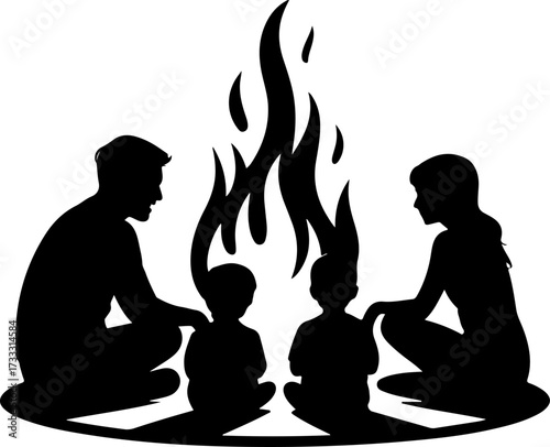 group of people bonfire  silhouette vector illustration