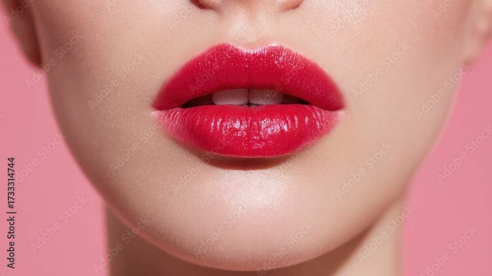 Fototapeta premium Close-up of Beautiful Lips with Bold Red Lipstick on a Pink Background Showcasing Glamorous Makeup Style and Smooth Skin Texture
