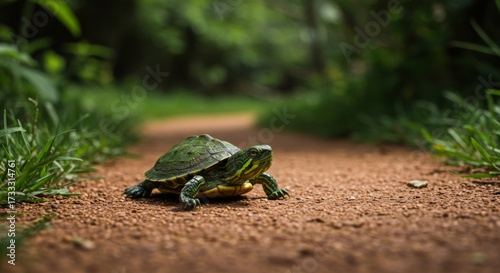 Red eared slider turtle crossing a dirt path