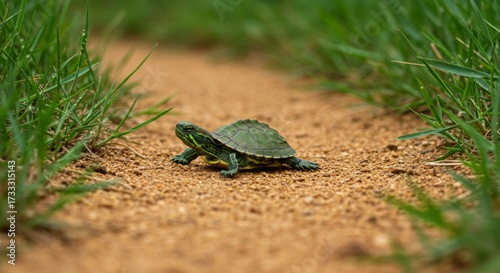 Small turtle crossing a sandy path