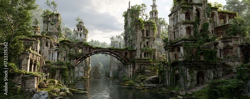 Destroyed industrial city slowly healing under moss trees and clean rivers