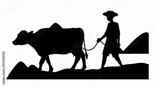 Farmer guides ox through rustic landscape, symbolizing tradition and rural livelihood.
