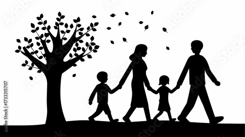 Lovely family silhouette strolls under autumn tree with falling leaves in peaceful nature scene