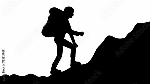 Determined hiker with backpack ascends steep mountain path using trekking poles for support and balance