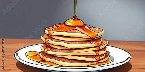 Fluffy stack of hand-drawn pancakes, syrup dripping,  homemade,  drawing