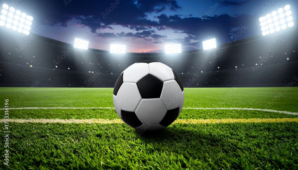 Obraz premium A soccer ball on a green field under stadium lights against a twilight sky background