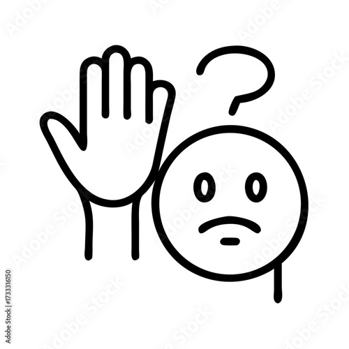 Line art of a confused face with raised hand and question mark  