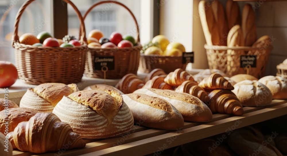 Obraz premium Assortment of artisanal bread loaves and golden croissants displayed on wooden shelves in a rustic bakery