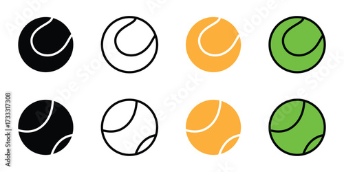 Tennis ball icon flat style. Green, yellow, black tennis ball icon for your web site design, tennis ball icon, sports, logo, app. Variety design of tennis ball icon. Vector illustration. EPS 10