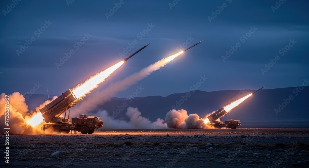 Obraz premium Two military missile launchers simultaneously firing missiles with bright flames into a twilight sky