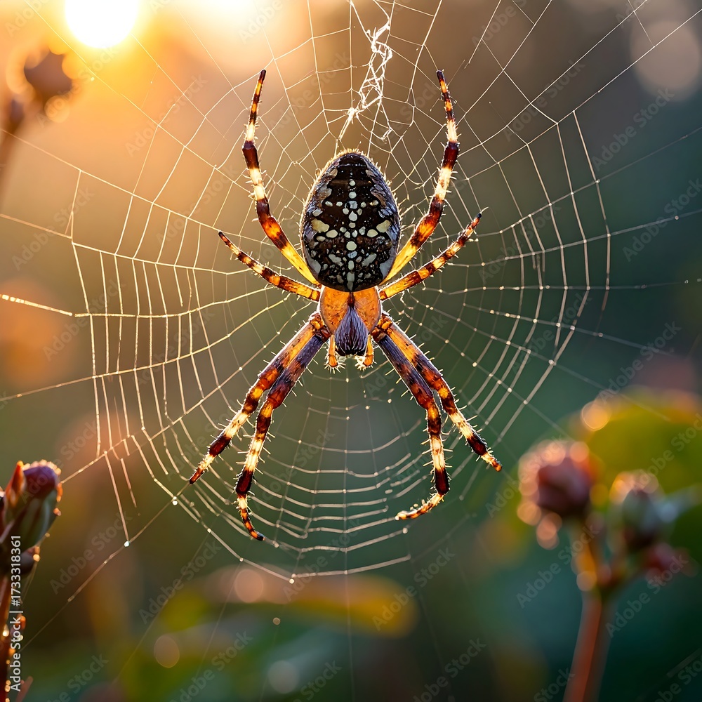 Obraz premium Spider on sunrise web