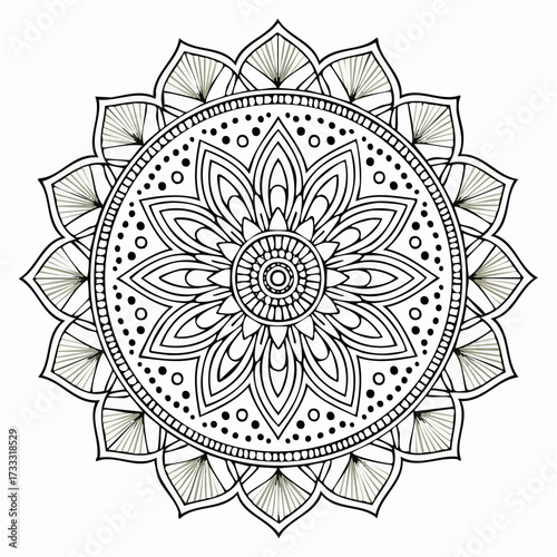 Intricate black and white mandala illustration featuring symmetrical floral and geometric patterns on a white background.