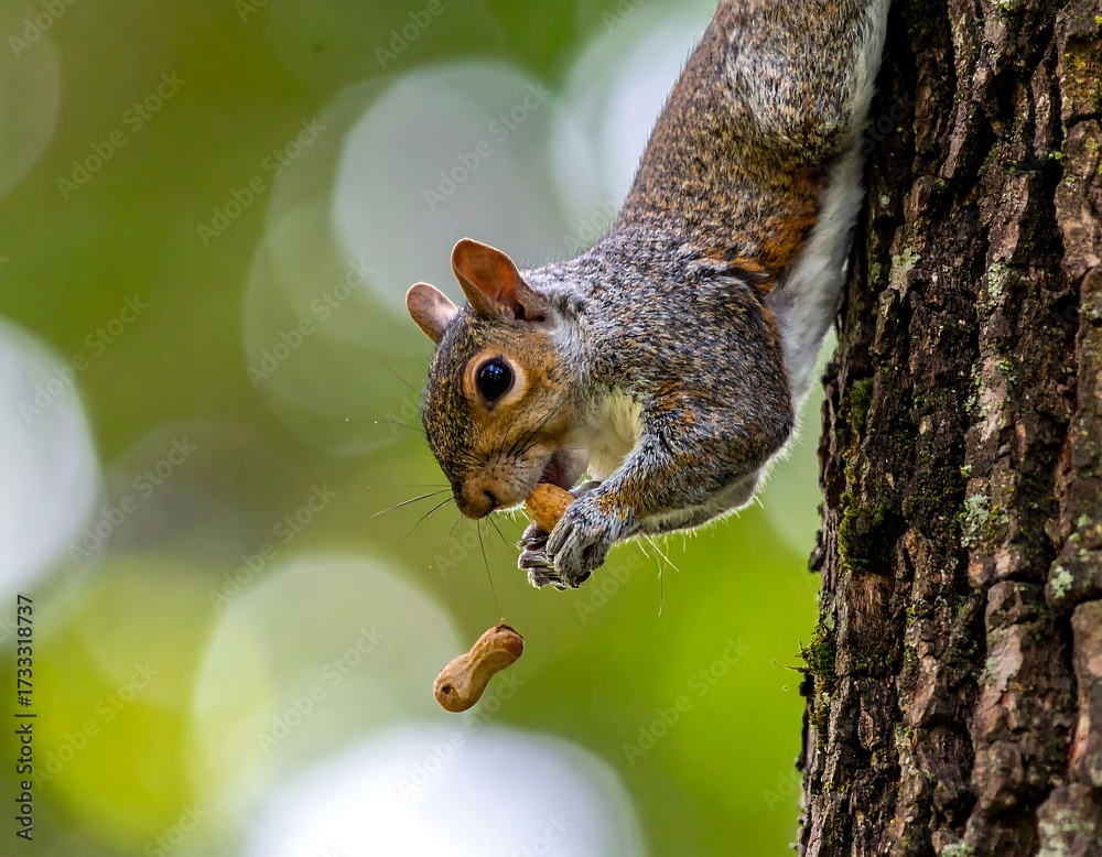 Obraz premium Gray squirrel eating a nut in a tree
