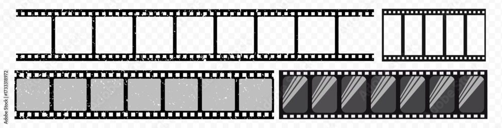 Fototapeta premium Vintage filmstrip roll frame, vector photo background, old grunge movie film long strip, video or movie filmstrip overlay, transparent film frame, cinema, photograph camera film strip
